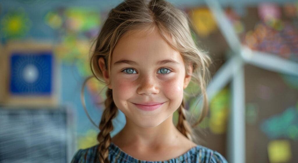 Young Girl Smiling in Classroom With Wind Turbine Model in Background Stock Free