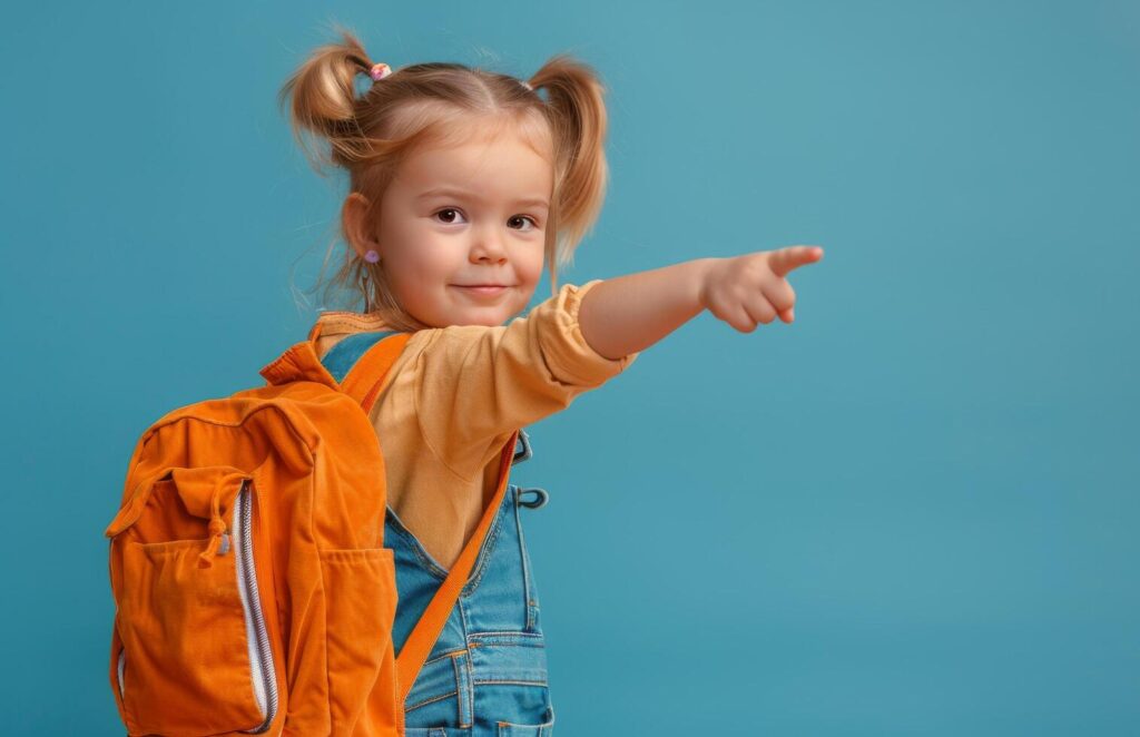 Young Girl With Backpack Points Right on Blue Background Stock Free