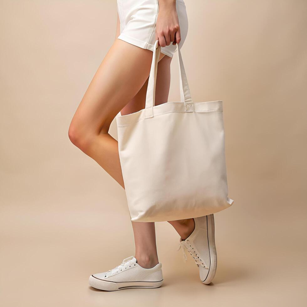 Young person holding reusable white cotton linen eco organic fabric canvas tote bag on beige blank background for mockup Stock Free