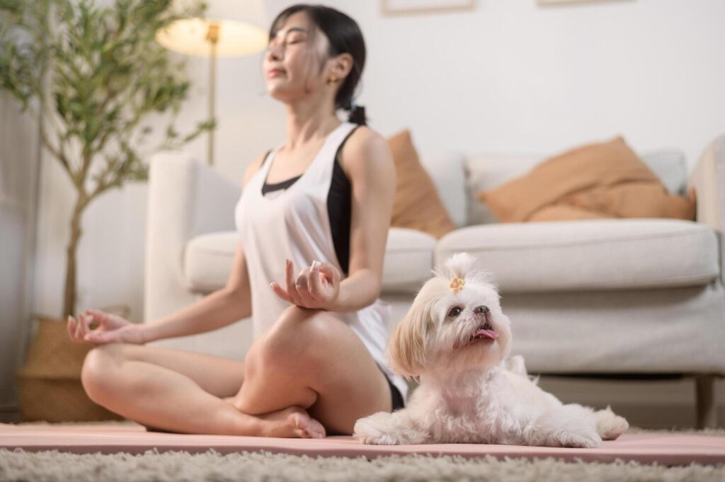 Young woman in sportswear doing meditation practice and yoga with cute dog in living room, healthy lifestyle, Mental health concept. Stock Free