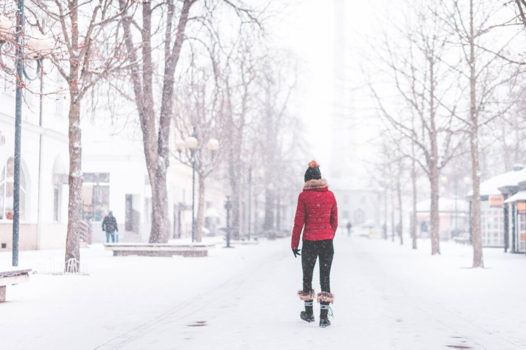 Young Woman Walking Alone in The Park in Snowy Weather Free Photo