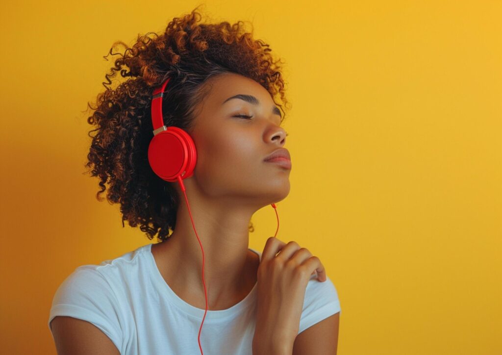 Young woman wearing white t-shirt in modern red headphones on yellow background generated by AI. Free Photo