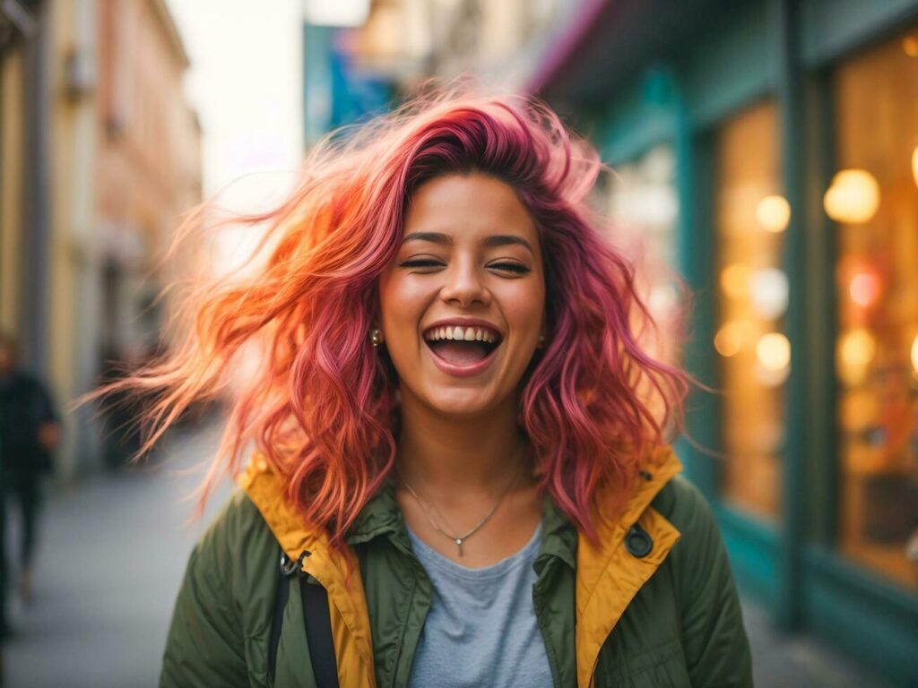 Young woman with colorful hair and a smartphone in her hand laughs and screams with joy. Happy woman and freedom lifestyle. AI Generative Stock Free