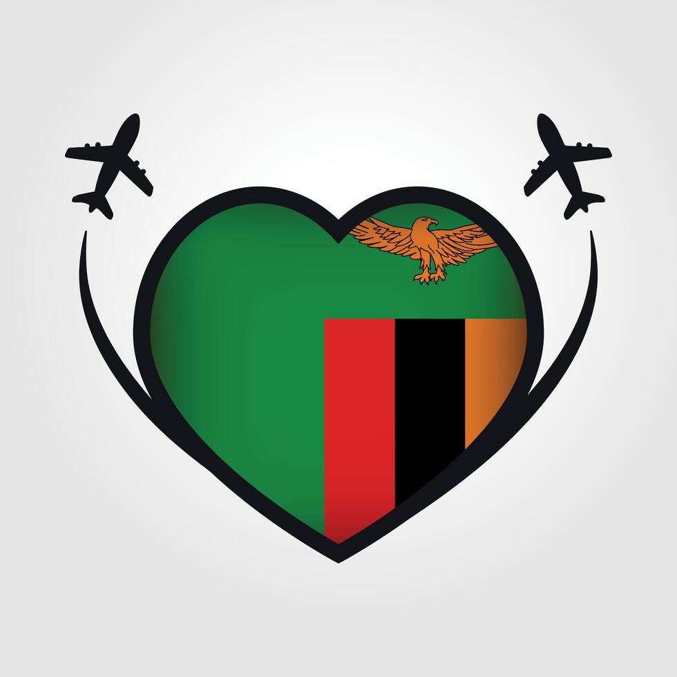 Zambia Travel Heart Flag With Airplane Icons Stock Free