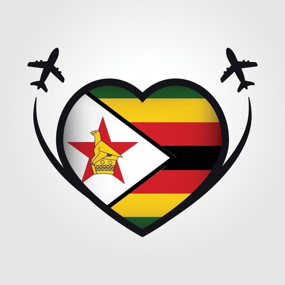 Zimbabwe Travel Heart Flag With Airplane Icons Stock Free