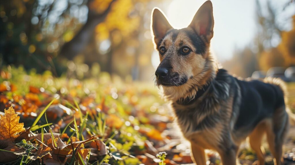 A dog that is standing in the fall leaves. Generative AI Free Photo