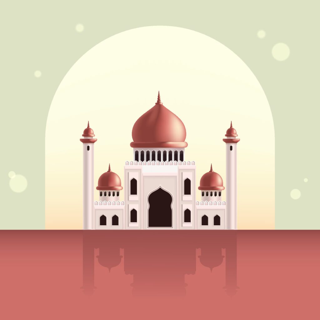 a picture of a mosque with a red background and a reflection of a building in the water Free Vector