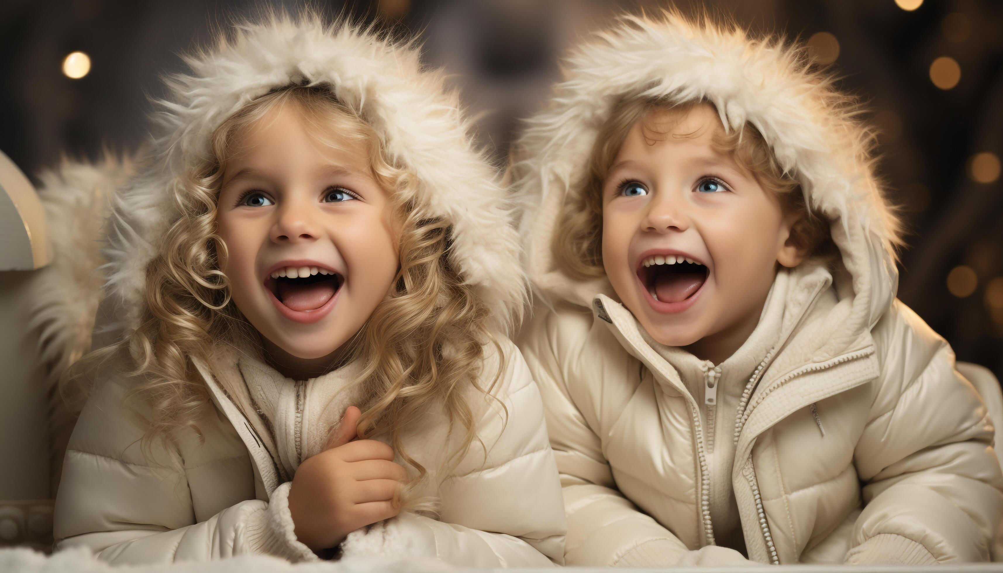 AI generated Smiling children playing outdoors, enjoying winter fun and family togetherness generated by AI Stock Free