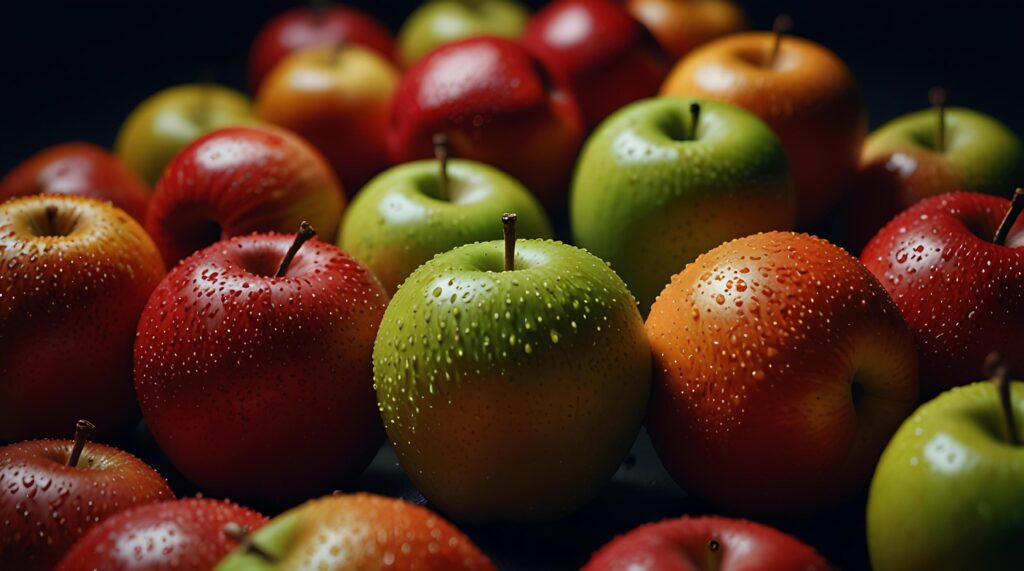 fake plastic apples, synthetically engineered in labs rather than grown from nature’s seeds background illustration. – Stock Free