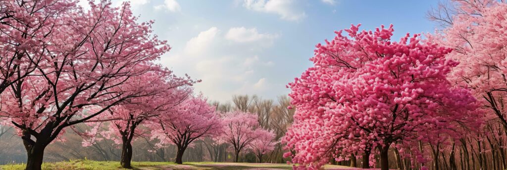 Panoramic view of cherry blossoms in full bloom in spring. Free Photo