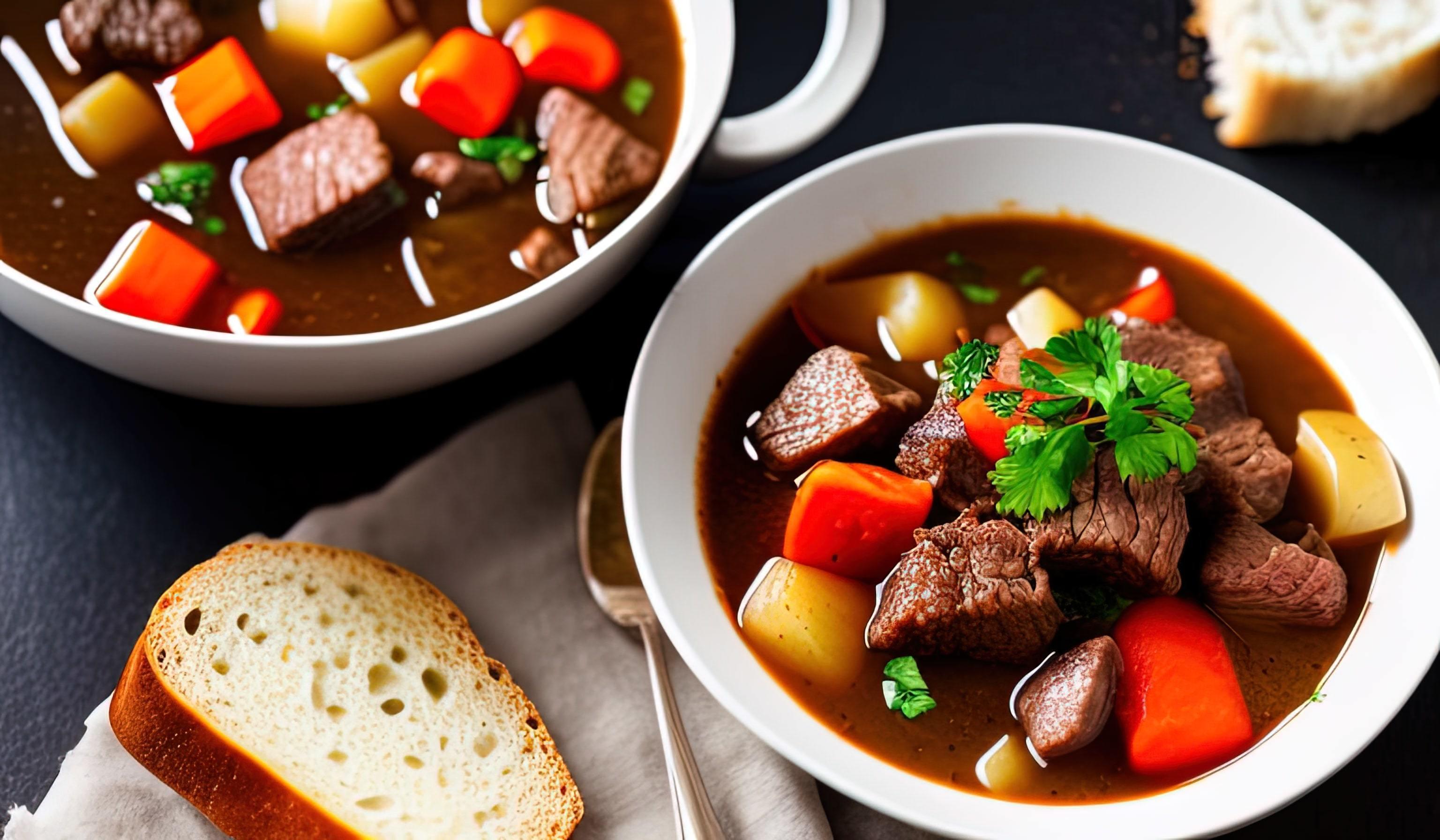 professional food photography close up of a a bowl of beef stew with bread on the side Stock Free