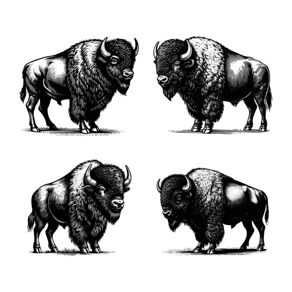 set of bison illustration. black and white hand drawn bison illustration isolated white background Free Vector