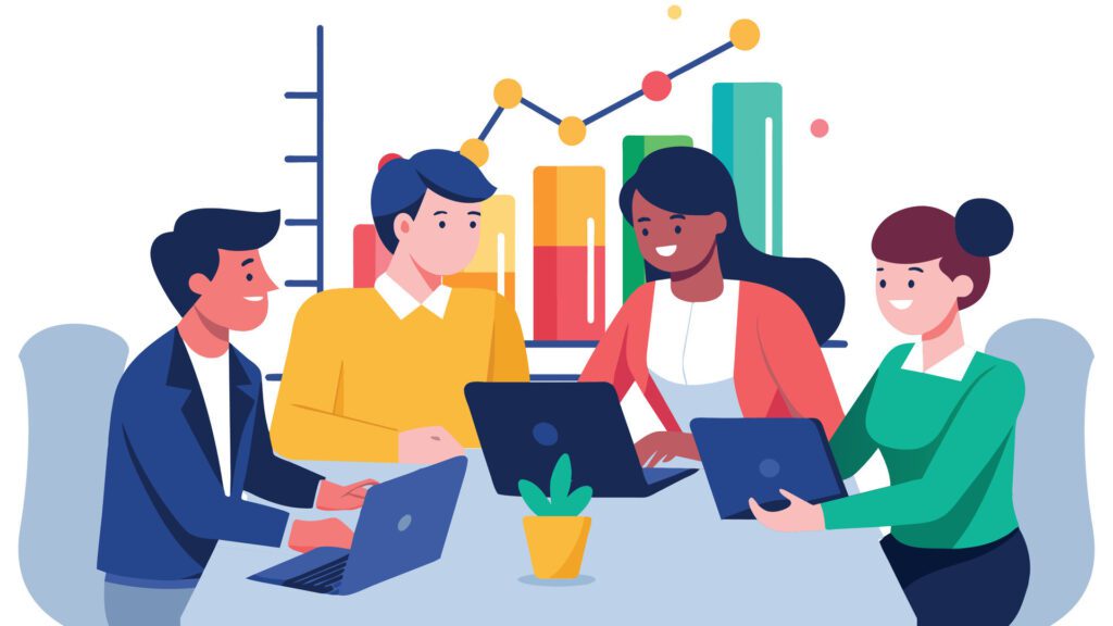 Creative business team having a meeting in an office with graphs, business shape flat illustration on white background. Free Vector