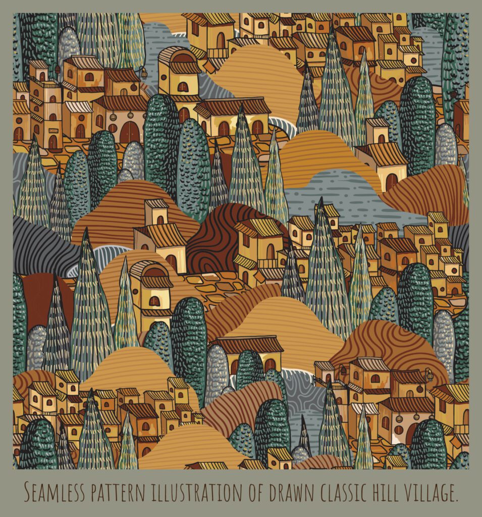 Seamless pattern illustration of drawn classic hill village Free Vector