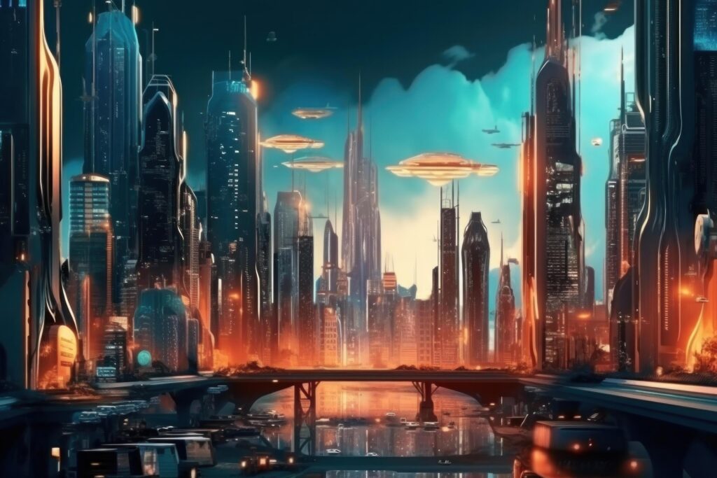 Futuristic city with neon lights lit up Illustration Stock Free