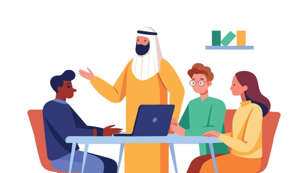 Multicultural designer sharing ideas during a meeting, flat illustration on white background Free Vector