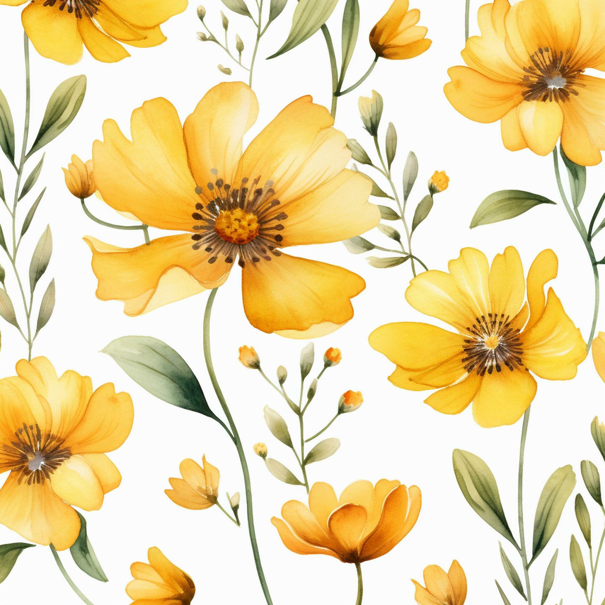 a seamless pattern with yellow flowers and leaves Stock Free