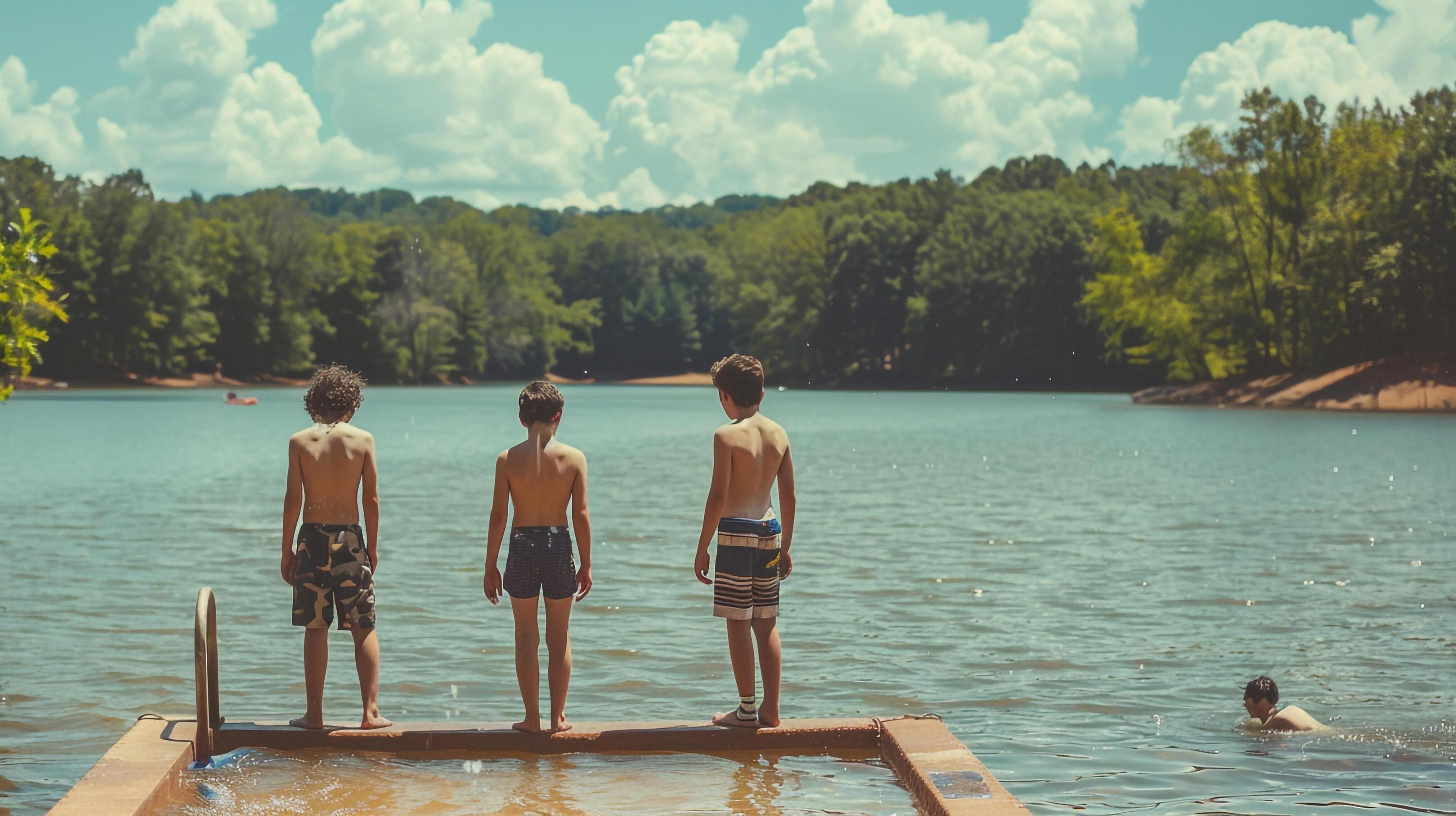 Three boys on dock in lake background Stock Free