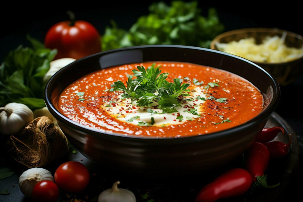 A delicious tomato soup food in a bowl. Winter food and healthy protein soup meal concept by AI Generated Stock Free