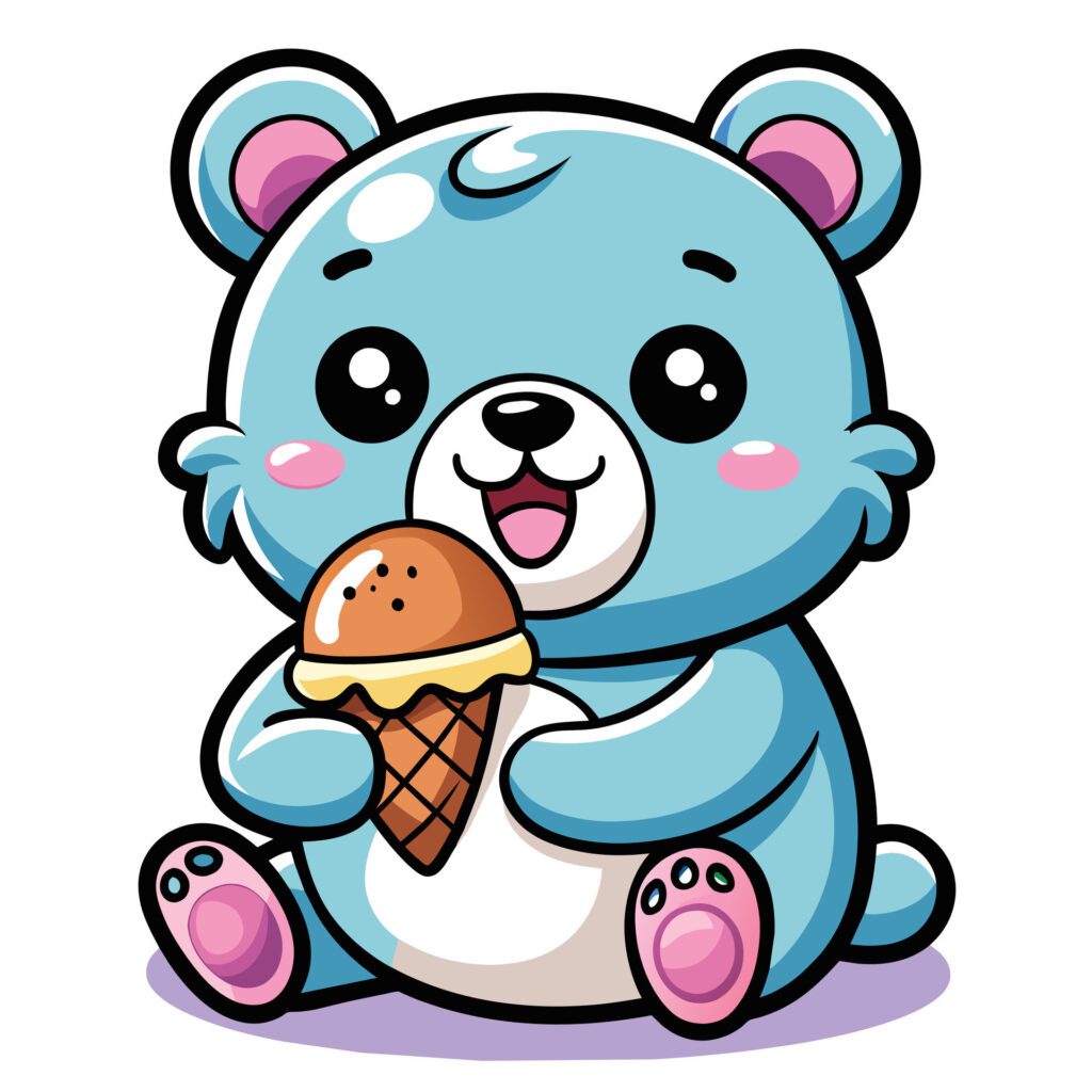 a cute kawaii bear eating ice cream, with clean black outlines, white background Free Vector