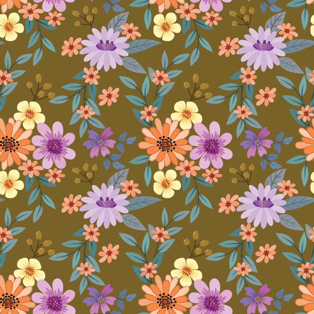 Cute colorful flowers on brown color background seamless pattern. Free Vector