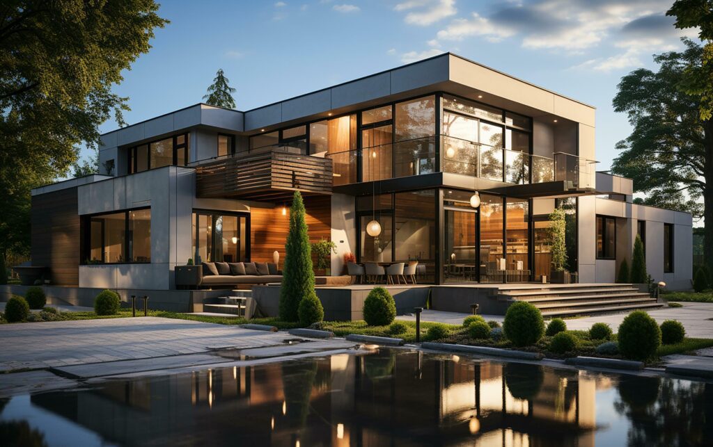 unique industrial architecture house in daylight, photo-realistic AI generative Stock Free