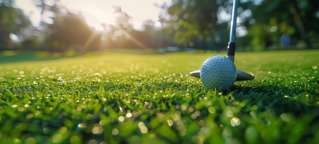 Golf Ball Resting on Green Grass With Sun Shining in Background Stock Free