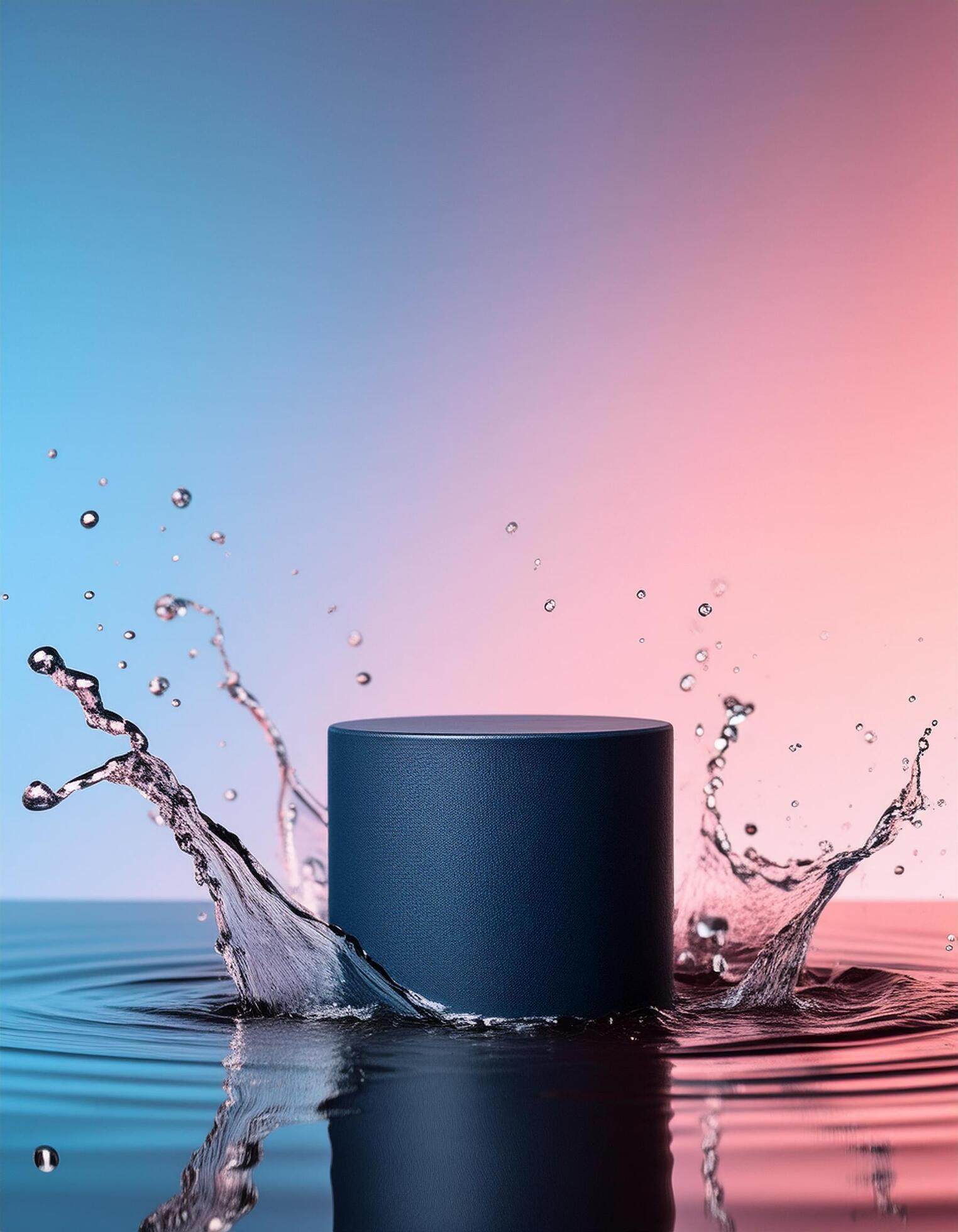 empty blue podium mockup with water splash on a gradient background for product display Stock Free