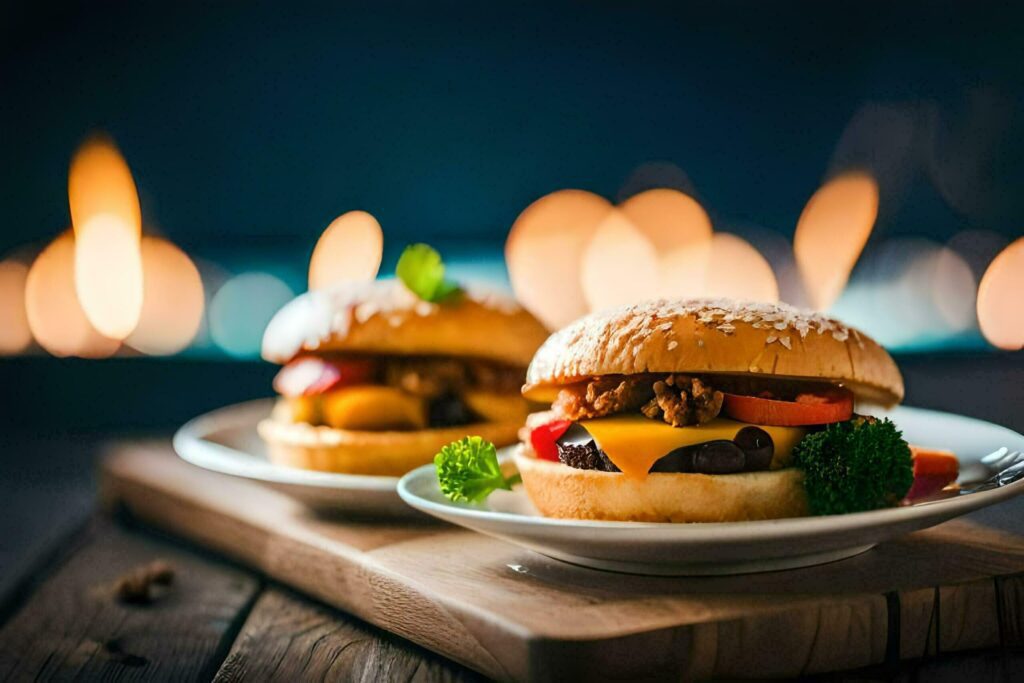 two hamburgers on a wooden table with a fire in the background. AI-Generated Free Photo