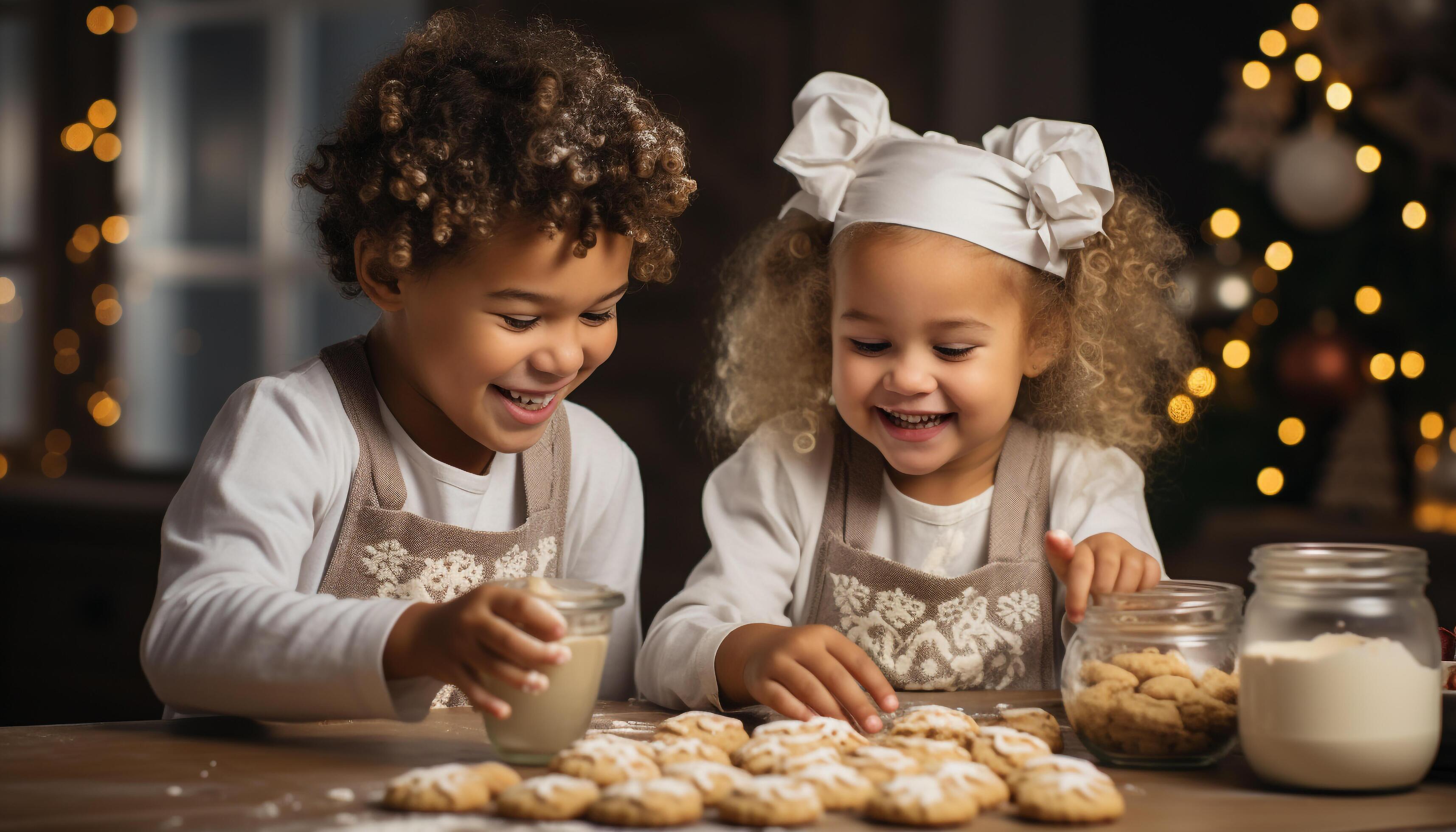 AI generated Smiling girls baking cute gingerbread cookies, family fun and happiness generated by AI Stock Free