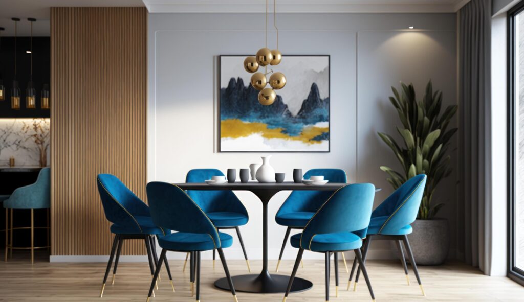 Modern interior of dinning room with blue chairs. Illustration Stock Free