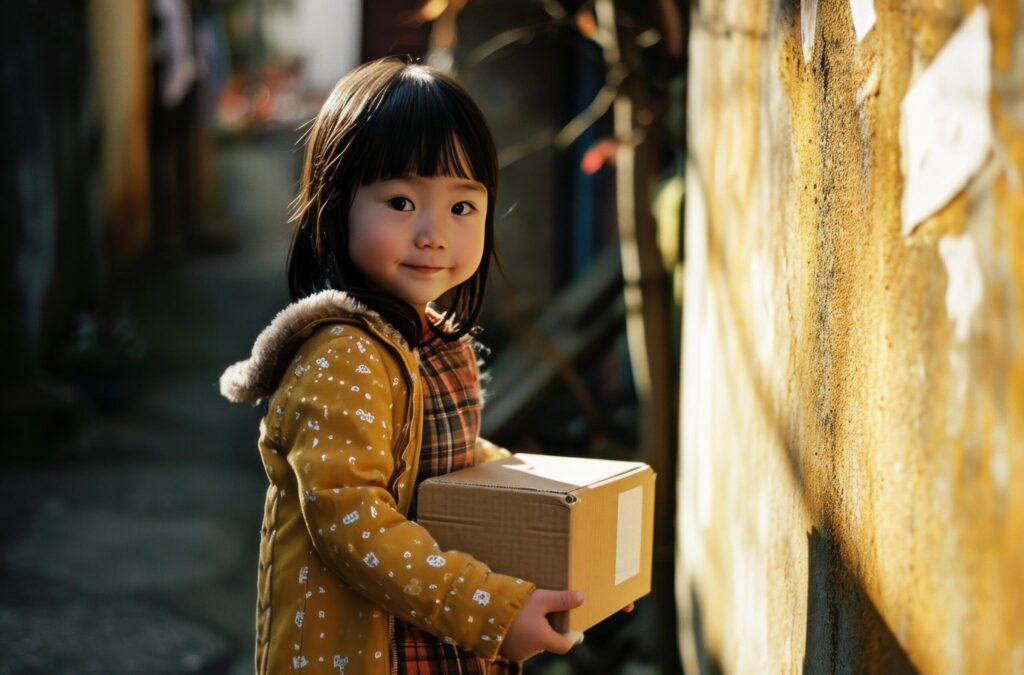 a little girl holding a box Free Photo