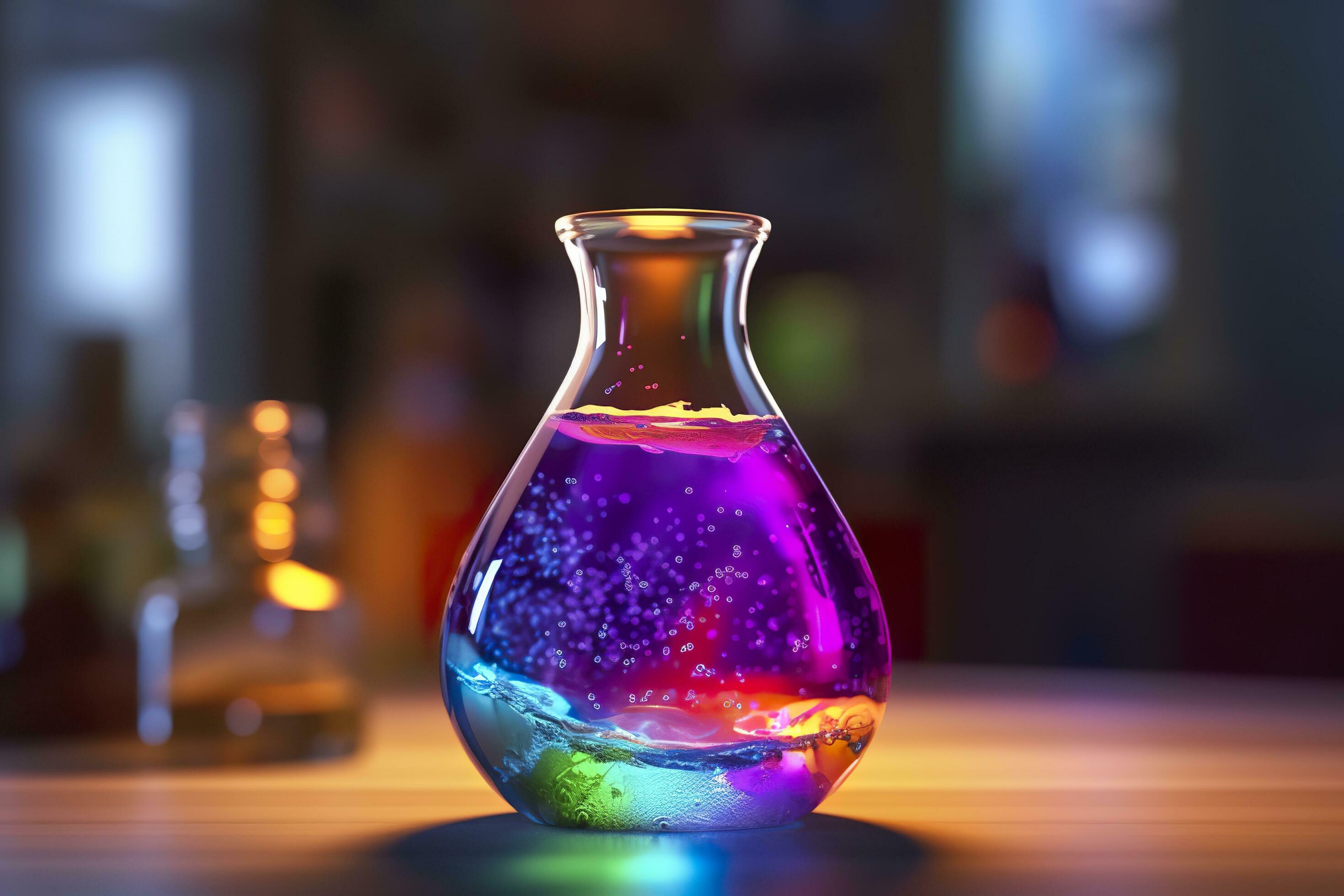 Close Up of a Science Beaker Filled with Multi Colored Liquids. AI Generative Stock Free