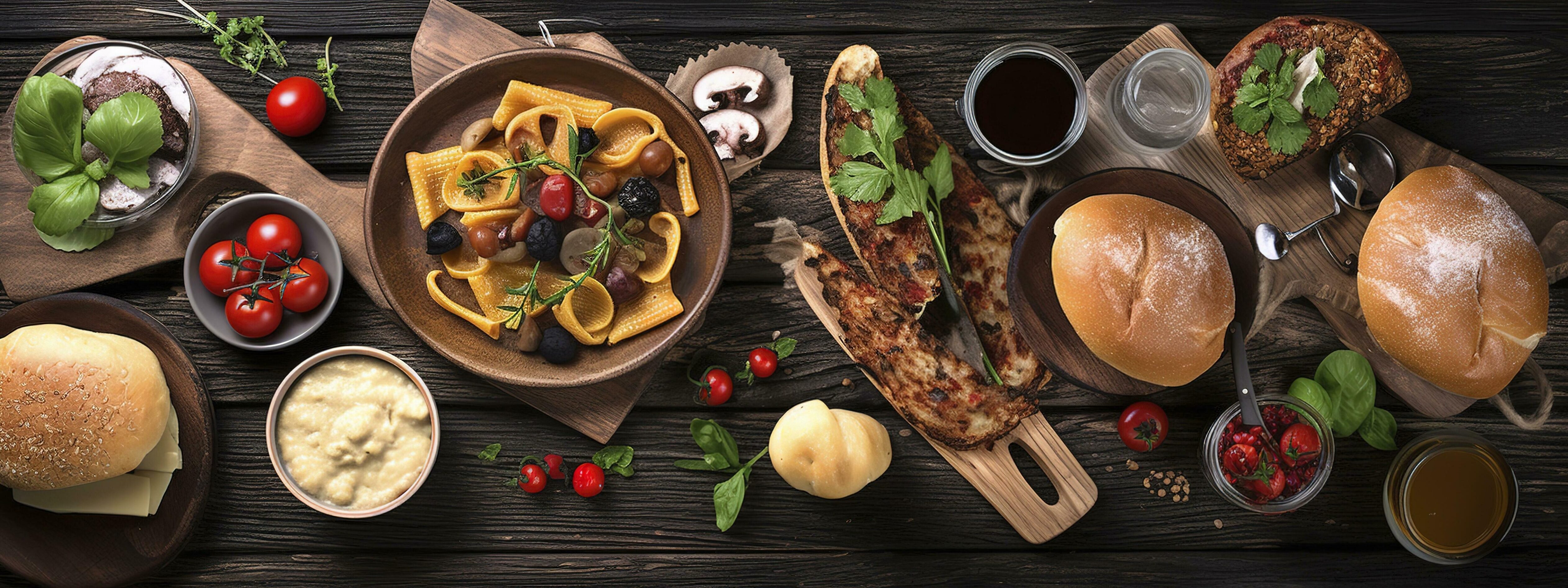 Table scene with a selection of delicious foods. Top view over a dark wood banner background, generate ai Stock Free