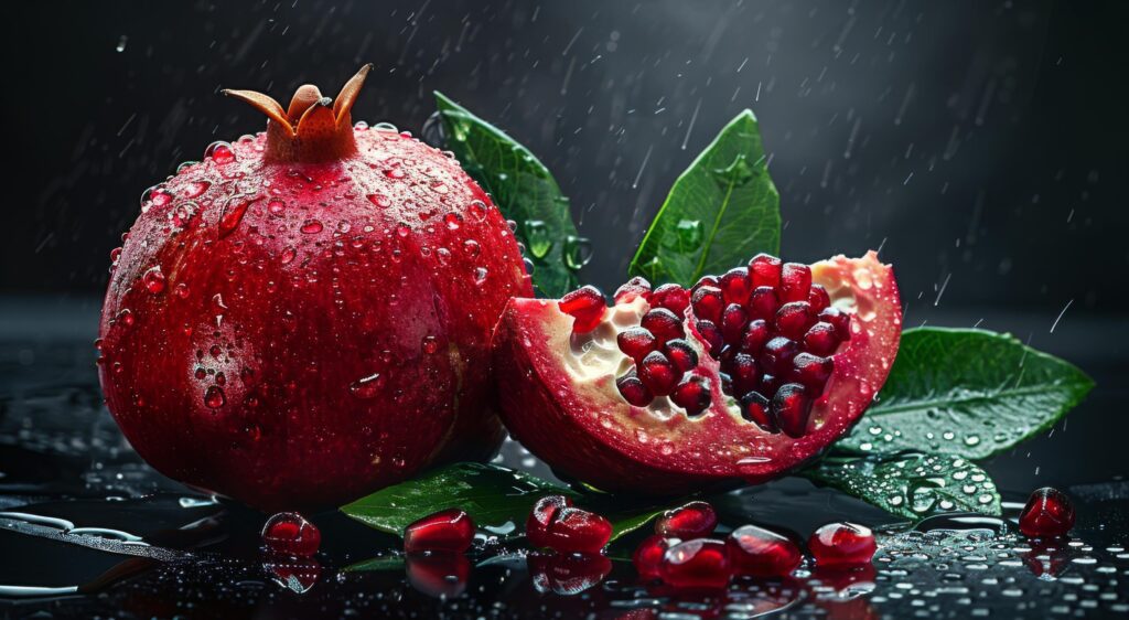 Fresh Red Pomegranate With Seeds and Green Leaves on a Dark Background Stock Free