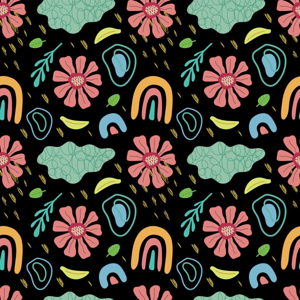 Floral trippy seamless pattern. Flowers, plants and abstract elements on a black background. . For cover, case, fabric, wrapping paper, packaging Free Vector