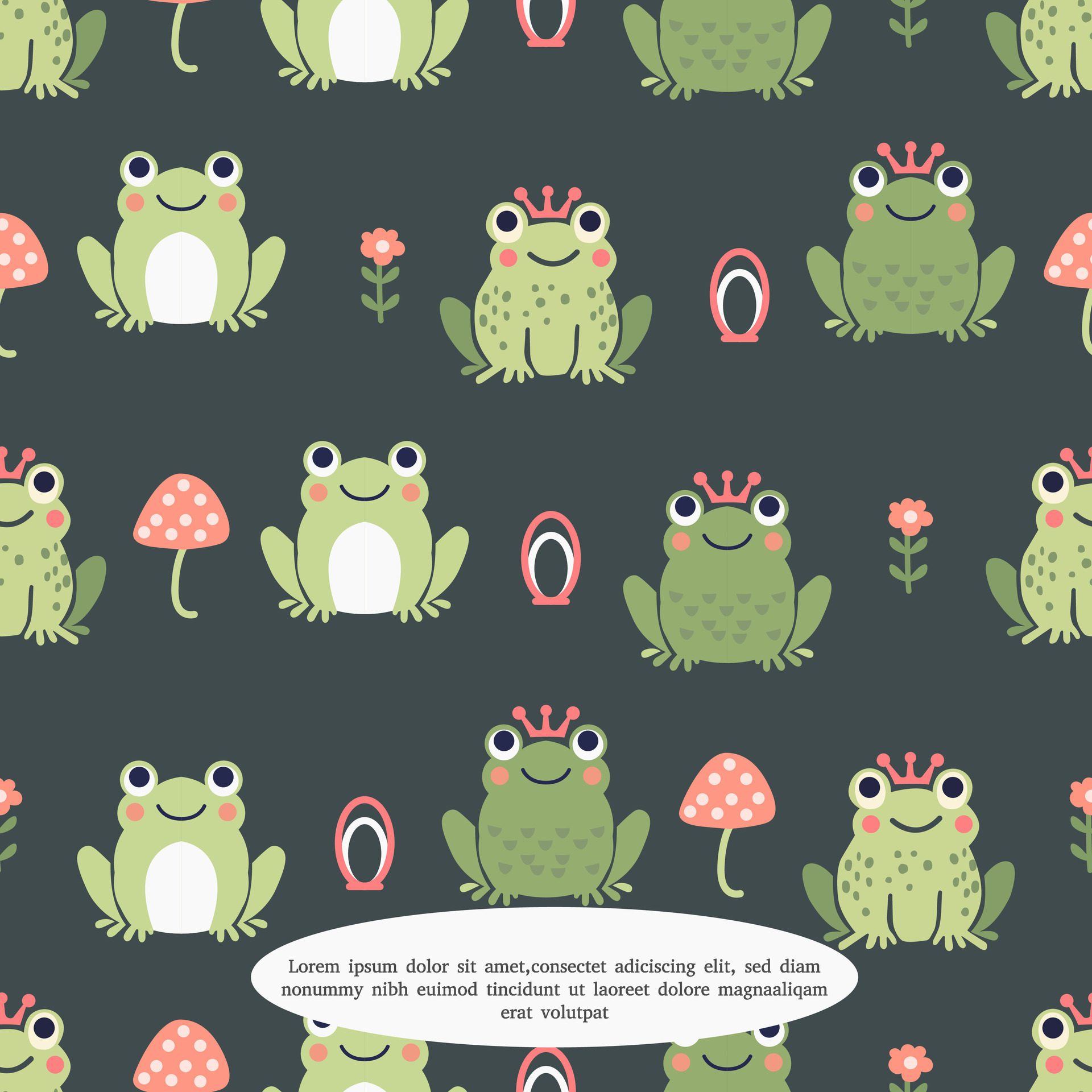 Cute frogs with mushroom seamless pattern. Funny green frog character. Vector pattern in flat style on white background. Free Vector