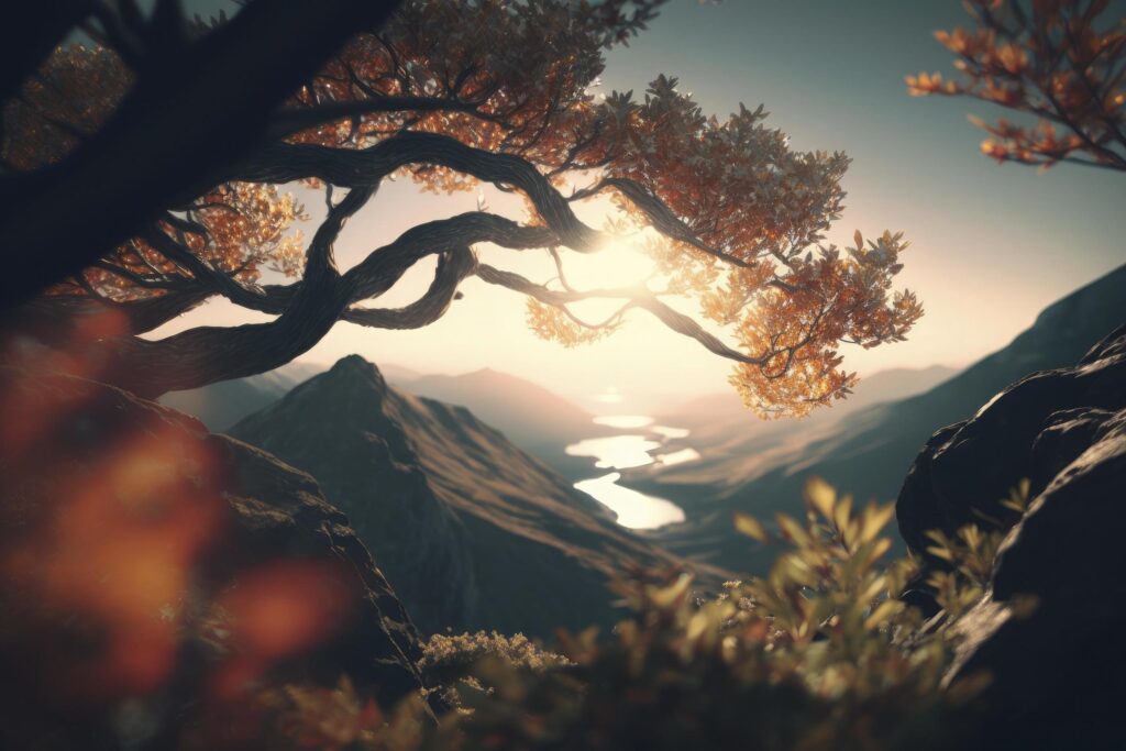 a close up a tree with the mountainous background, naturalism, anamorphic lens flare, depth of field Stock Free