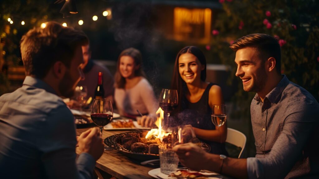 photo of Young people enjoying delicious barbecue dinner party drinking red wine AI Generated Stock Free