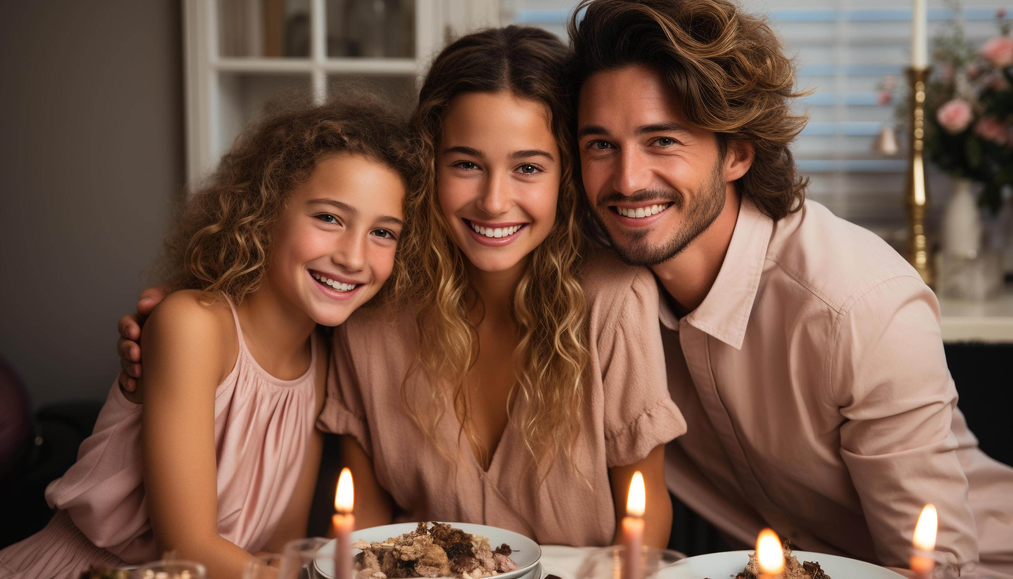 AI generated Happy family celebrating birthday with cake, love and joy generated by AI Stock Free