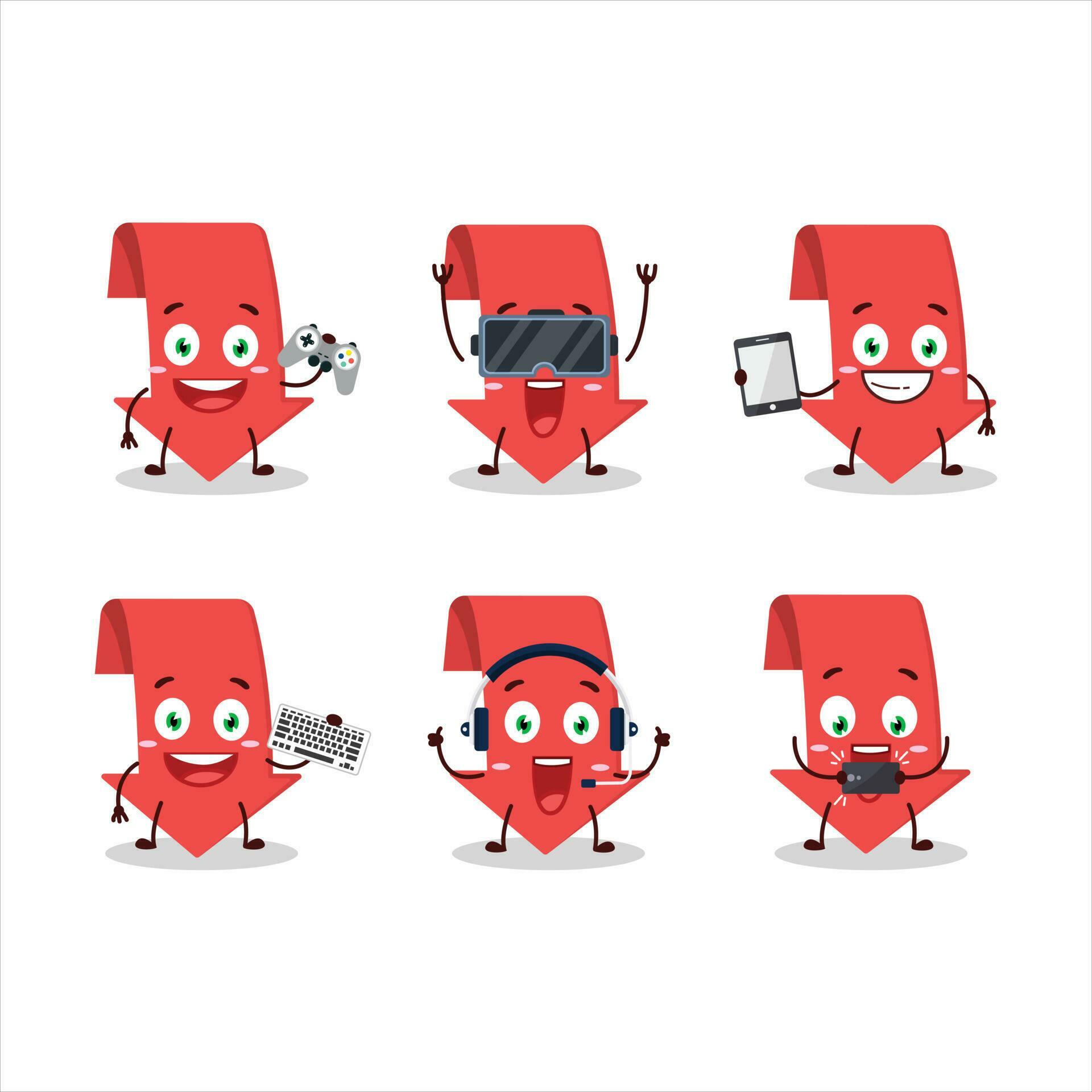 Arrow down cartoon character are playing games with various cute emoticons Stock Free