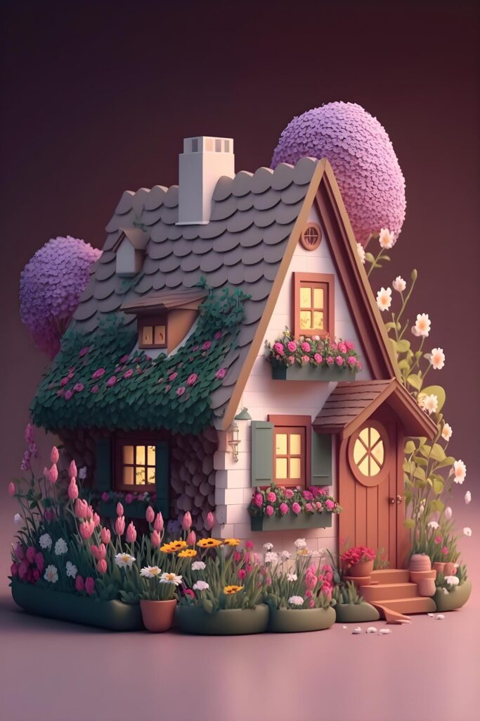 cute house decorated with flowers made by technology Stock Free