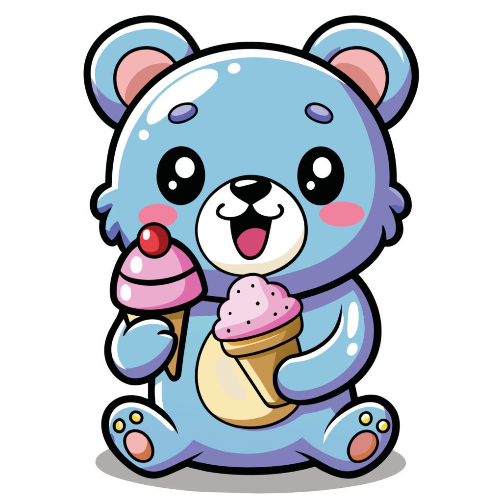 a cute kawaii bear eating ice cream, with clean black outlines, white background Free Vector