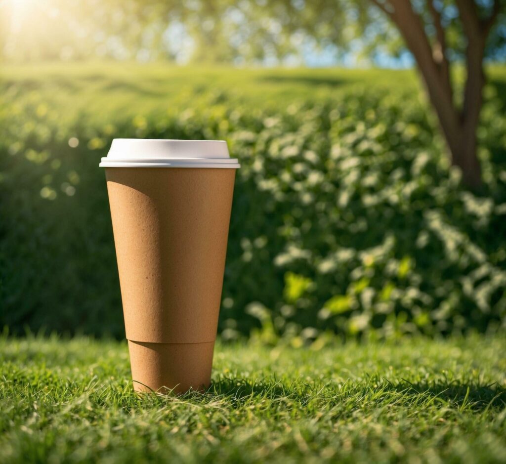 Disposable coffee cup on green grass background. Copy space. Free Photo