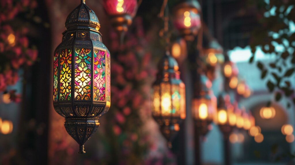 Colorful Reflections of Traditional Lanterns and Florals Free Photo