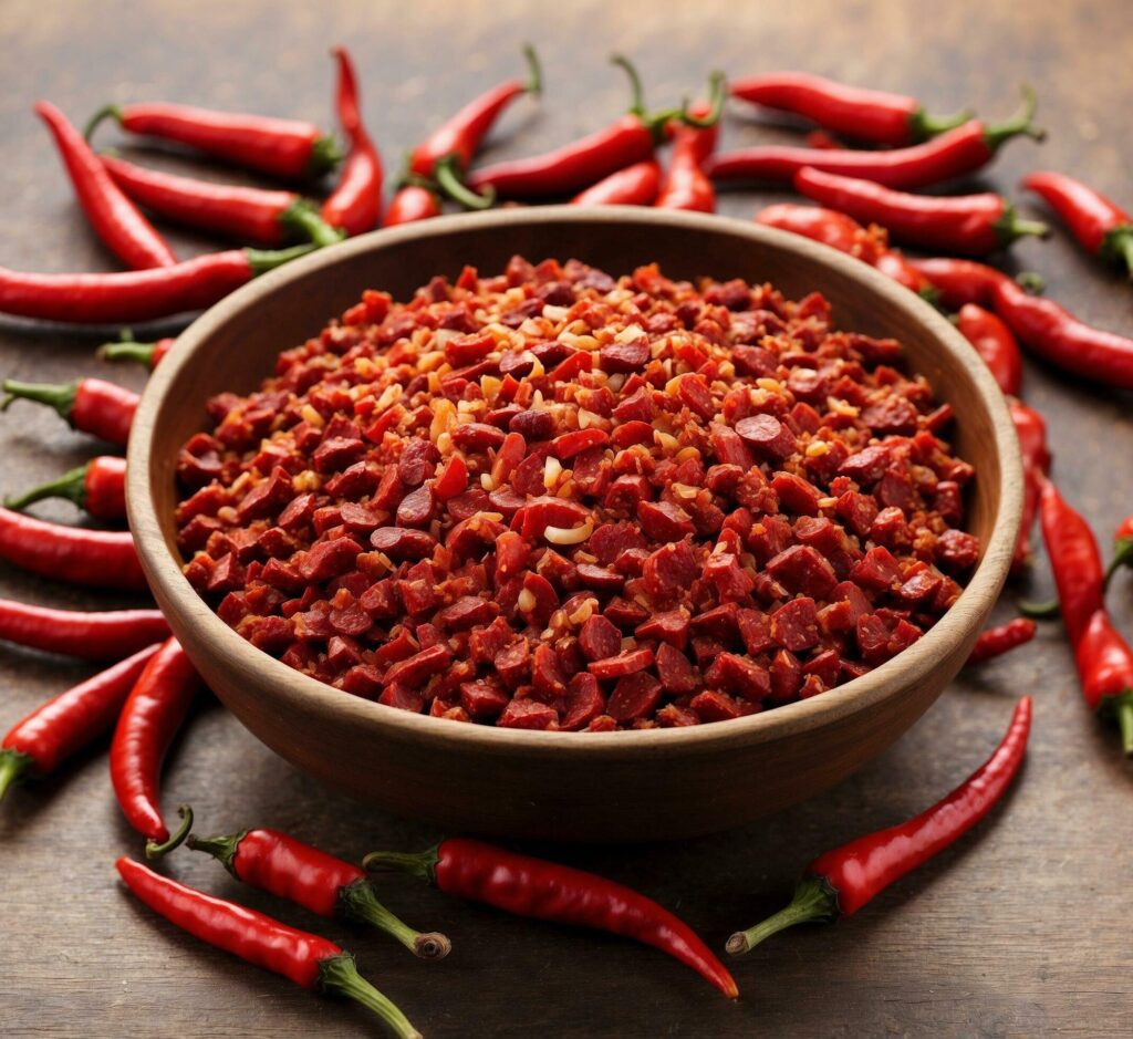 Chili powder in bowl on wooden background. Selective focus. Free Photo