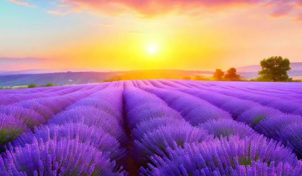 Lavender At Sunrise, lavender Field at summer sunrise. AI Generative Stock Free