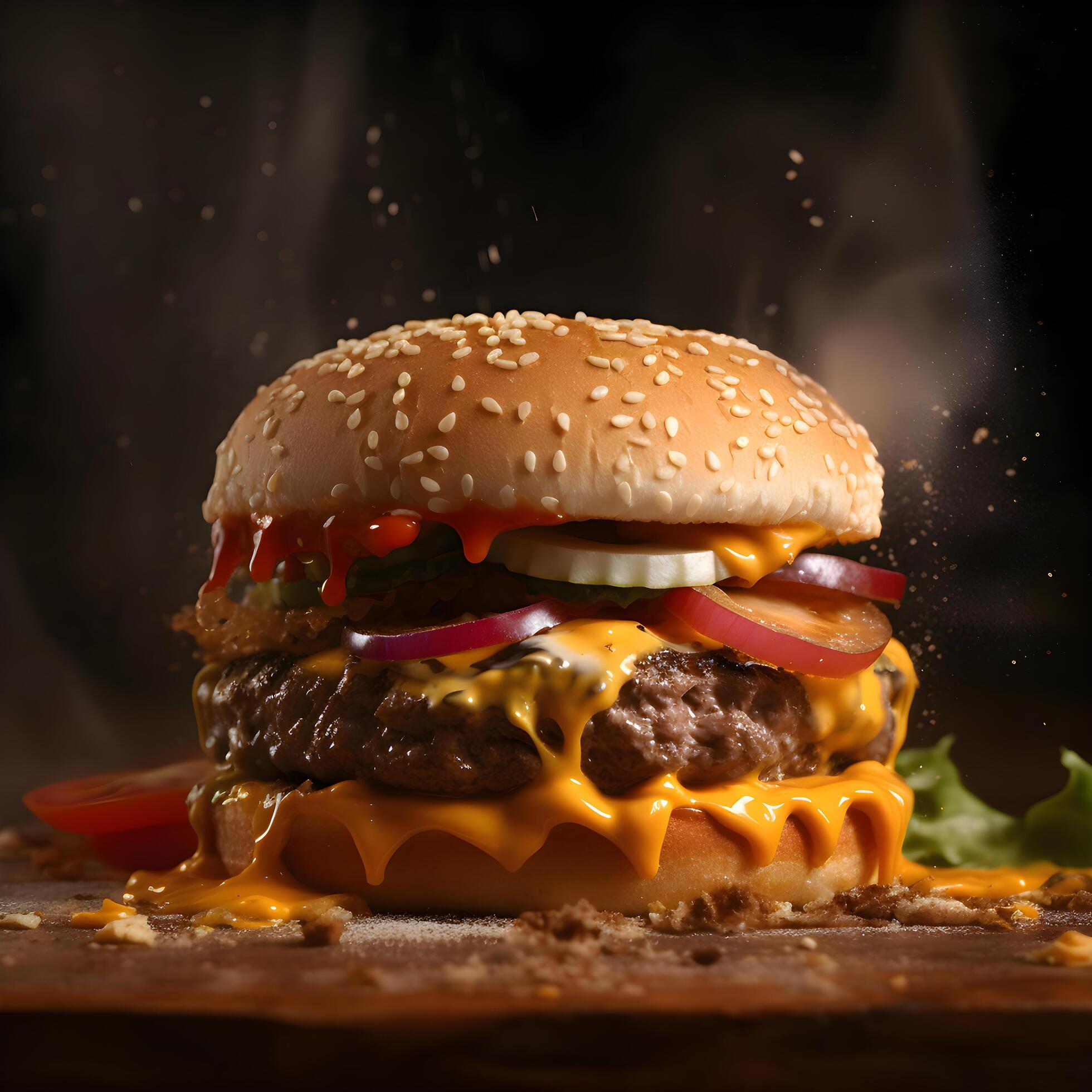 Hamburger with flying ingredients on black background. Fast food concept, Image Stock Free