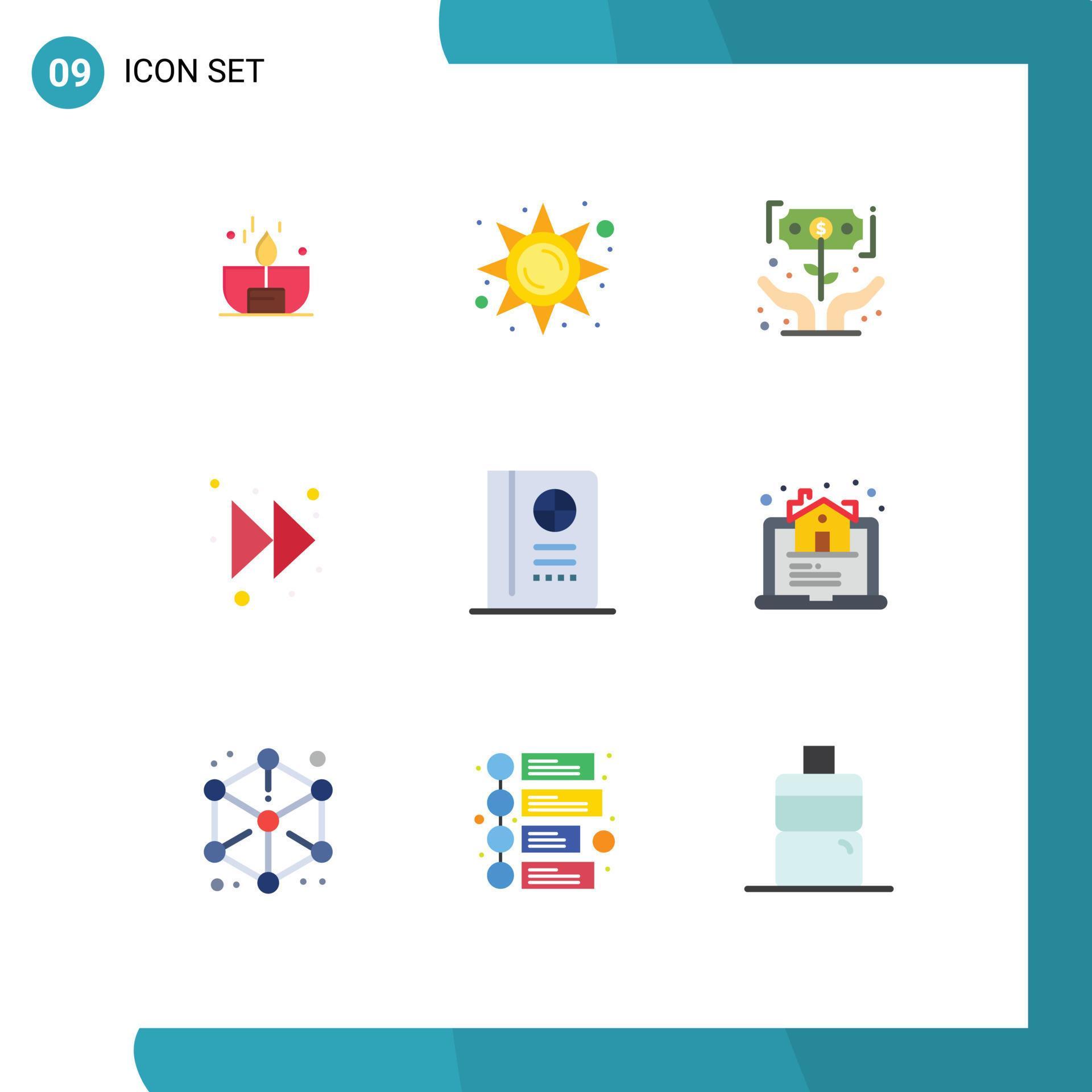 Universal Icon Symbols Group of 9 Modern Flat Colors of passport forward sun light arrow investor Editable Vector Design Elements Stock Free