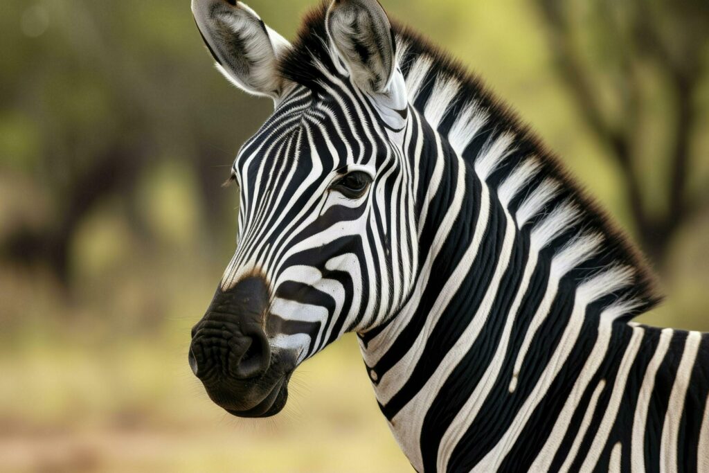 Portrait of a young zebra standing against a green bush Free Photo